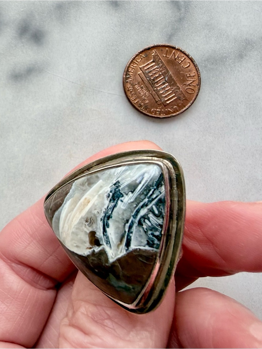 Triangular Moss Agate Statement Ring in Green and Cream